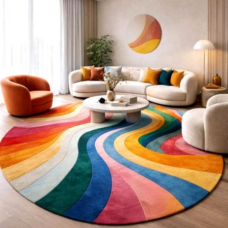 Handcrafted Rainbow Wave Round Living Room Rug